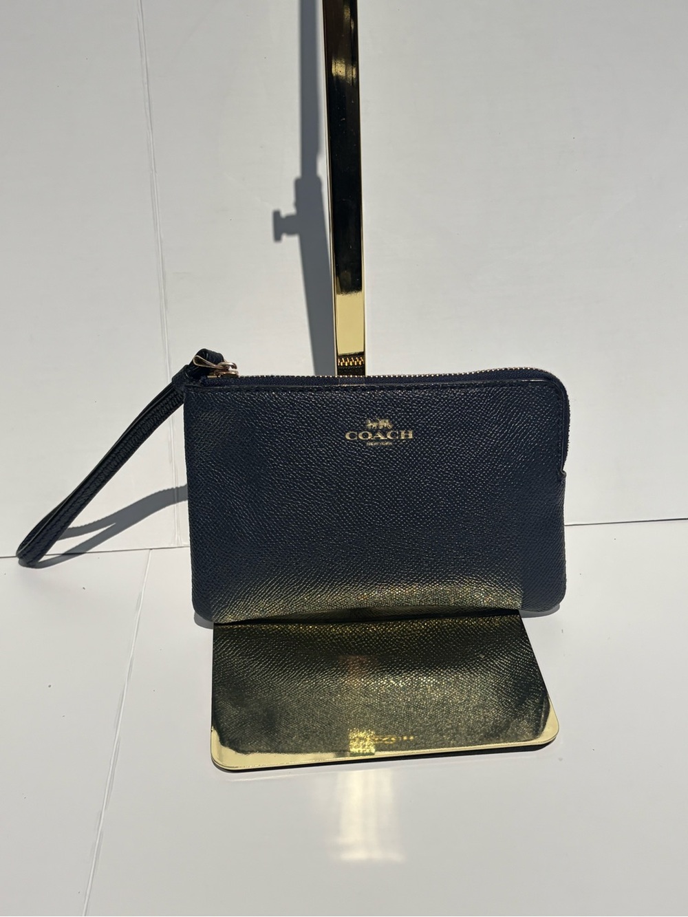 Coach Navy Leather Wristlet Clutch with Gold Logo